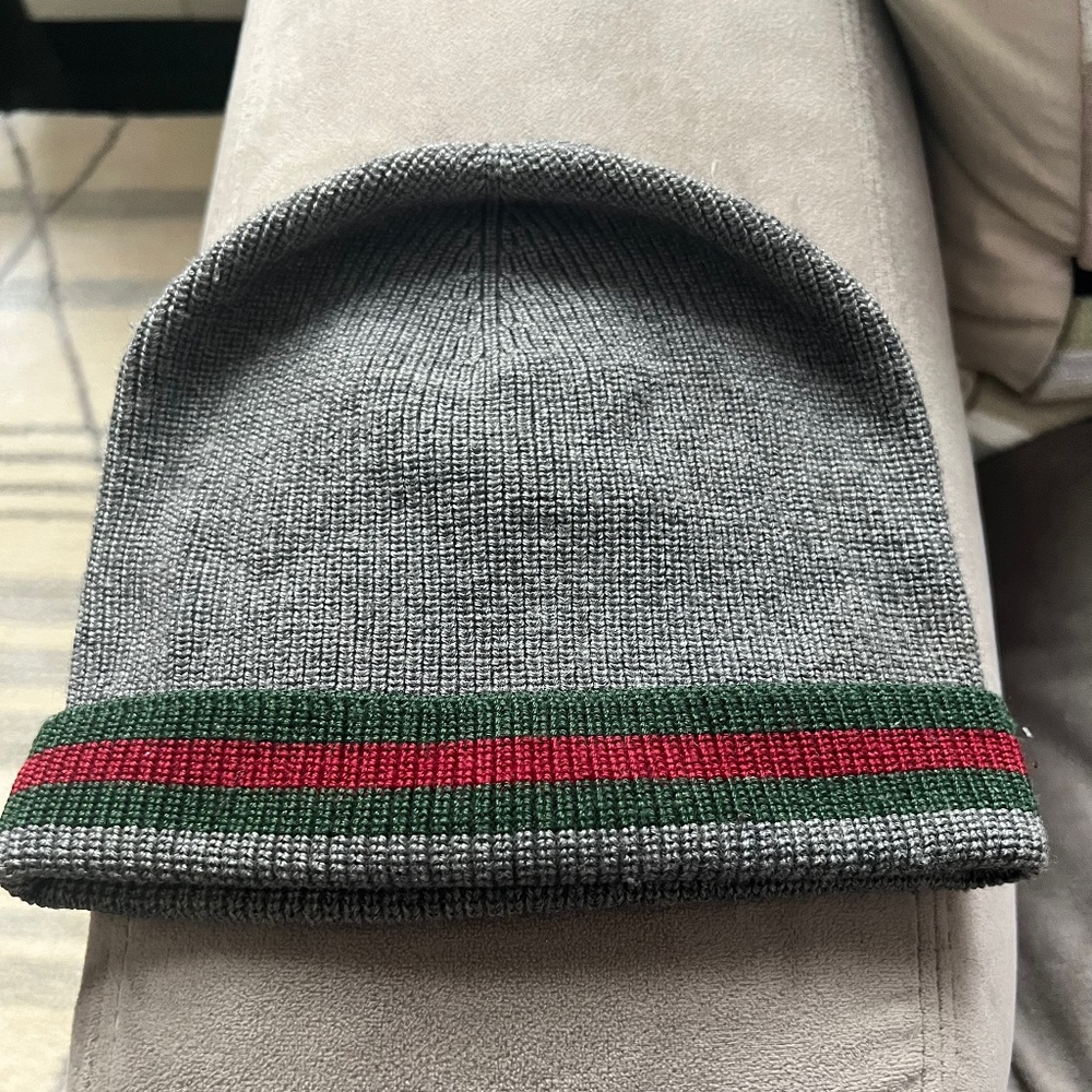 Gucci Gray Knit Hat with Signature Stripes
